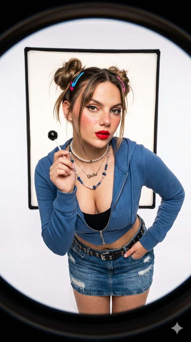 "A modern, highly detailed, photorealistic studio portrait with a playful, confident pop culture aesthetic. The subject is an adult woman with an athletic, curvy figure, leaning forward with an arched back in a medium close-up shot. Her head is slightly turned, looking off-frame to the viewer's right. She has striking eyes with bold winged eyeliner, faux freckles across her nose and cheeks, softly blushed cheeks, and full lips wearing glossy, vibrant red lipstick. Her hair is styled in two high space buns with a split front fringe and loose side strands, accessorized with blue and pink hair clips. She wears layered necklaces: a pearl choker, a thin chain with a 'Giulia' pendant, and a longer necklace with blue and pink stone beads. Her outfit features an open, light gray cropped zip-up hoodie and a blue denim mini skirt with a black studded belt. Her right hand is raised near her face, holding a small round red lollipop by a white stick, while her left hand rests casually on her hip. The environment is a studio with a clean gray background and a visible rectangular softbox light positioned behind her, providing a subtle backlight. The lighting is bright, professional, and even, creating defined eye reflections, soft skin highlights, and natural shadows. Shot with a fisheye lens from a slightly high angle looking down, creating a strong, pronounced circular black vignette framing the entire scene. Vibrant colors emphasizing red, light gray, denim blue, and black. Sharp focus, aspect ratio 9:16."