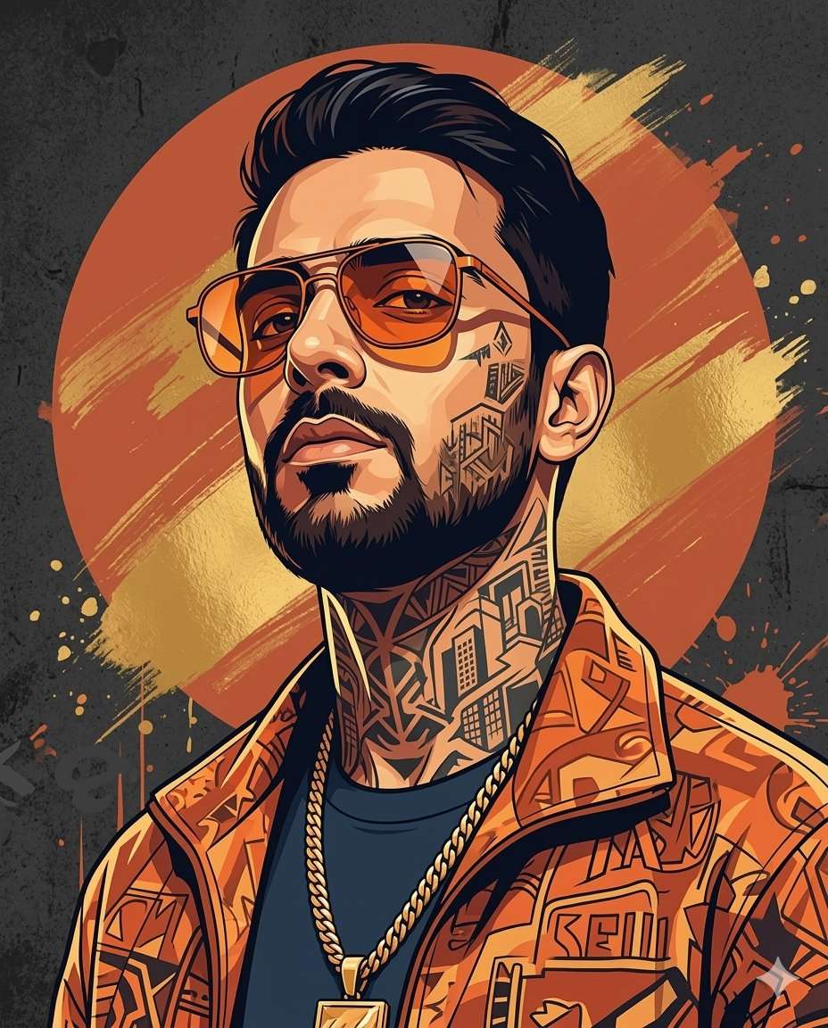 Use the provided reference image strictly for the subject’s face and identity. Only translate the face into the new illustration style while maintaining accurate facial features. Create a stylized low-angle chest-up urban portrait. The subject’s head is slightly raised, giving a confident, street-inspired attitude. Appearance & Styling Orange-tinted sunglasses Gold chain necklace Patterned orange streetwear jacket Prominent neck and face tattoos Art Style Bold graphic digital illustration style with sharp shading, clean edges, and strong contrast, similar to a modern urban poster or street-art inspired artwork. Background A large, orange-filled circle, made with brush strokes, is placed behind the subject, with grunge paint splashes on a dark grey, textured background, creating a strong graphic composition. Lighting & Mood Warm reflections on the sunglasses and skin tones, high-contrast poster lighting, dramatic urban aesthetic, crisp illustration details, 4:5 aspect ratio. Maintain strong facial identity fidelity from the reference image while changing only the artistic style of the portrait.