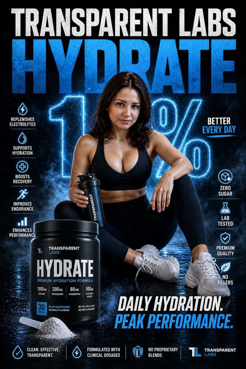 Create a striking campaign poster that stops people mid-scroll for Transparent Labs Hydrate.
Bold high-impact supplement advertisement with dramatic black and deep electric blue color palette, gritty premium fitness aesthetic, sharp cinematic lighting, glossy reflections, light smoke atmosphere, intense contrast.
Giant headline typography at top reading “TRANSPARENT LABS HYDRATE” in oversized distressed white and electric blue text.
Center composition features the exact woman from the attached reference image as a fit athletic female model seated confidently on a studio floor, holding a shaker bottle, with a focused and powerful expression.
Change her clothes into sleek black fitness gym outfit: a black sports bra / tank top and high-waisted black leggings with chunky white sneakers. Large glowing “1%” graphic behind the subject symbolizing daily progress.
Front left foreground shows a matte black Transparent Labs Hydrate tub with modern luxury label reading “HYDRATE”, scoop of electrolyte powder spilled beside the container.
Surround the poster with clean icon-based benefit callouts: replenishes electrolytes, supports hydration, boosts recovery, improves endurance, enhances performance, zero sugar, lab tested, premium quality, no fillers. Strong motivational copy such as “Daily Hydration. Peak Performance.”
Hyper realistic textures, polished commercial retouching, premium sports nutrition branding, modern typography layout, social media ad format, ultra detailed, high resolution.