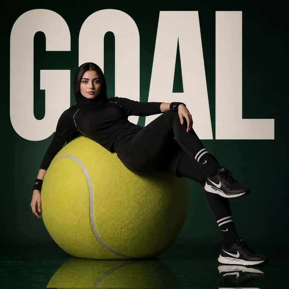Avant-garde sports fashion, advertising, a huge tennis ball set up like a monumental sculpture, a female athlete sprawled across the curved surface of the ball like modern furniture, the huge word "GOAL" in bold typography behind, the background of the burnt green studio, shiny mirrored floor, luxurious sports editorial style, cinematic lighting, ultra-pure composition, 1:1 . Face and body exactly same as uploaded image.