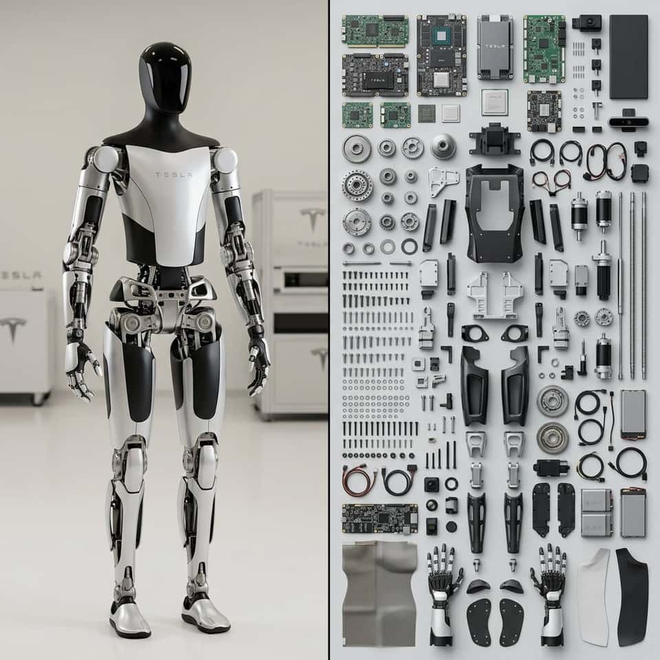 Do this for Tesla Optimus Robot
Output 1x2: left side {subject} right side = $ prompt
$ prompt= <instructions>
Input = Subject
Function Render_Knoll ($Subject)
  Anchor:   `[Deconstructed $ Subject] :: [Knolling Photography Layout]::5`
  Morphology:   `The constituent parts of [$Subject] dismantled and arranged in a neat grid, 90-degree parallel alignment, overhead flat-lay composition, organized chaos::4`
  Material Physics:   `Realistic textures of the internal components (circuit boards, gears, screws, fabric), clean matte background surface::3`
  Illumination:   `Even, flat studio lighting, soft shadows directly underneath objects, no dramatic contrast::2`
  Render Stack:   `Overhead product photography, 50mm lens, f/8 for full sharpness, 8k, high fidelity::1`
  Negative:   `[Assembled object, perspective angles, messy, overlapping items, blurry background]:: -1`
</instructions>