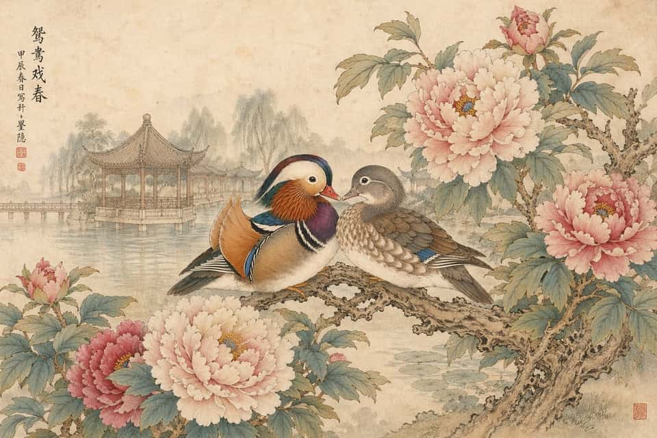 传统工笔重彩风格，湖畔园林亭台。枝头牡丹盛开，画面中一对鸳鸯栖息在横向伸展的牡丹枝干上，姿态亲昵，羽毛层次细腻、色彩典雅，呈现精致的工笔勾线与淡彩晕染效果。宣纸质感背景，构图呈现典雅的花鸟情趣。--ar 3:2