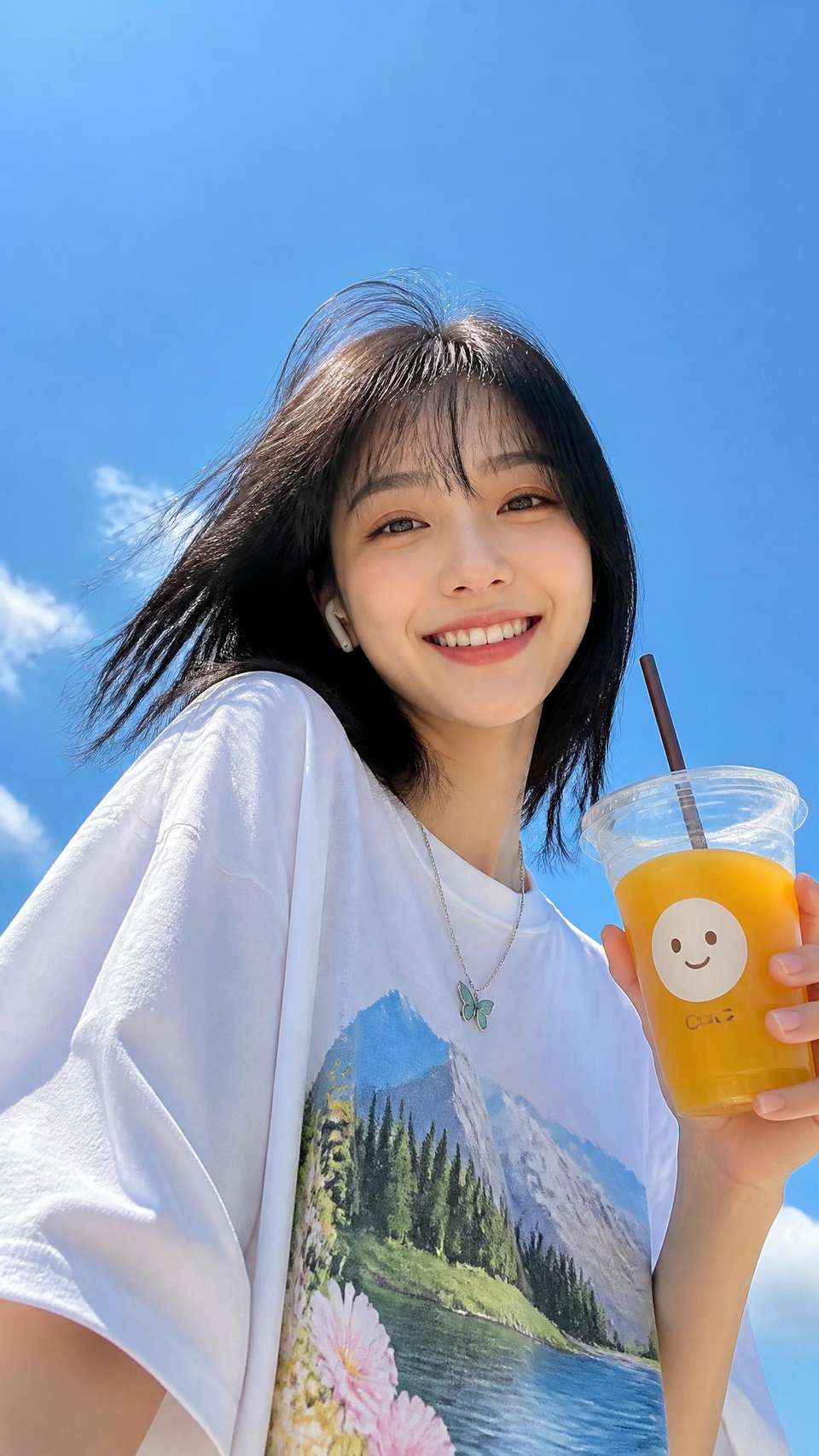 Ultra-realistic lifestyle portrait of a cheerful young woman with fair porcelain skin, medium-length straight black hair with wispy curtain bangs gently blown by the wind, bright genuine smile, almond-shaped dark brown eyes, natural soft makeup. She wears an oversized white graphic T-shirt with colorful landscape prints, a delicate silver necklace with a small green butterfly pendant, and a white wireless earbud in her right ear. She casually holds a transparent plastic cup of iced orange juice with a brown straw and a cute smiling face logo on the cup. Dramatic low-angle wide-angle perspective looking up at her against a clear blue sky, illuminated by bright natural midday sunlight with soft shadows and vibrant colors. Fresh, youthful, carefree summer atmosphere, candid lifestyle photography, minimalist composition, natural skin texture, realistic hair strands visible in wind, HDR, cinematic color grading, warm tones, DSLR quality, sharp focus on face and eyes, ultra-photorealistic, editorial style, masterpiece, 8K resolution, shot on a 24mm lens, slight lens flare.