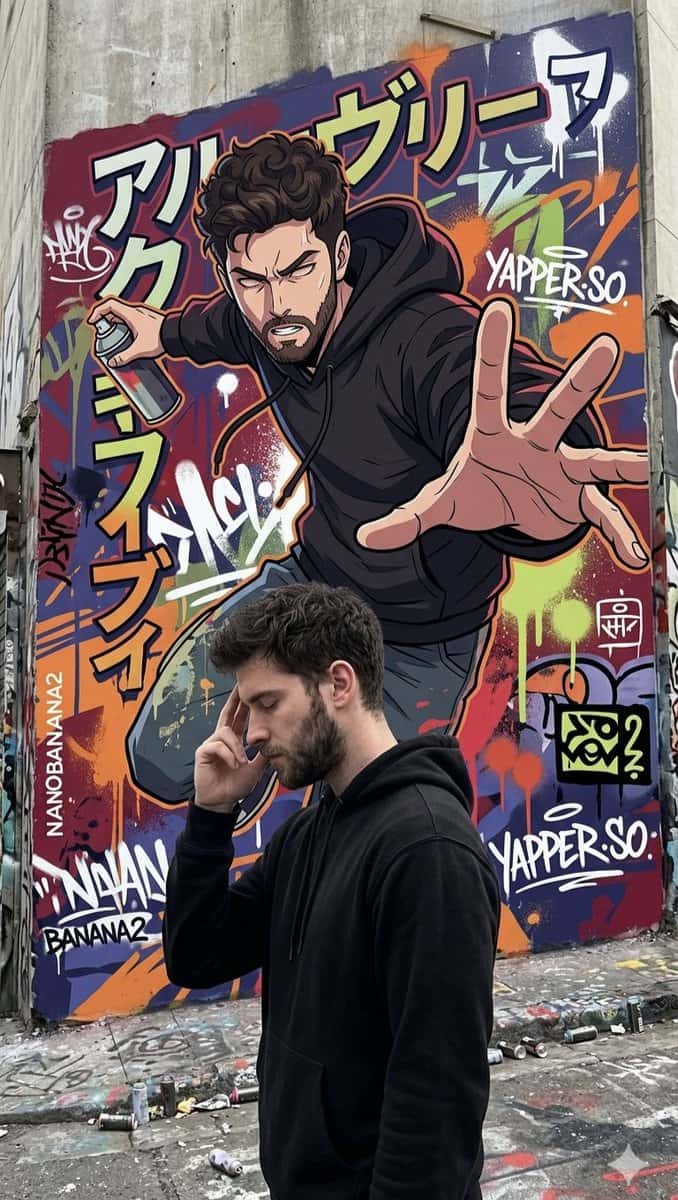 A medium shot of a real-life man with short dark hair and a beard, wearing a black hoodie, standing in a pensive pose with his fingers to his temple. He is positioned in front of a massive, vibrant graffiti mural on a concrete wall. The mural depicts an anime-style version of the same man in a dynamic action pose, holding a spray paint can. The art style is bold cel-shaded manga with thick outlines, featuring Japanese katakana text, bright orange and purple splashes, and tags. Hyper-realistic foreground, gritty urban alleyway floor with scattered paint cans.