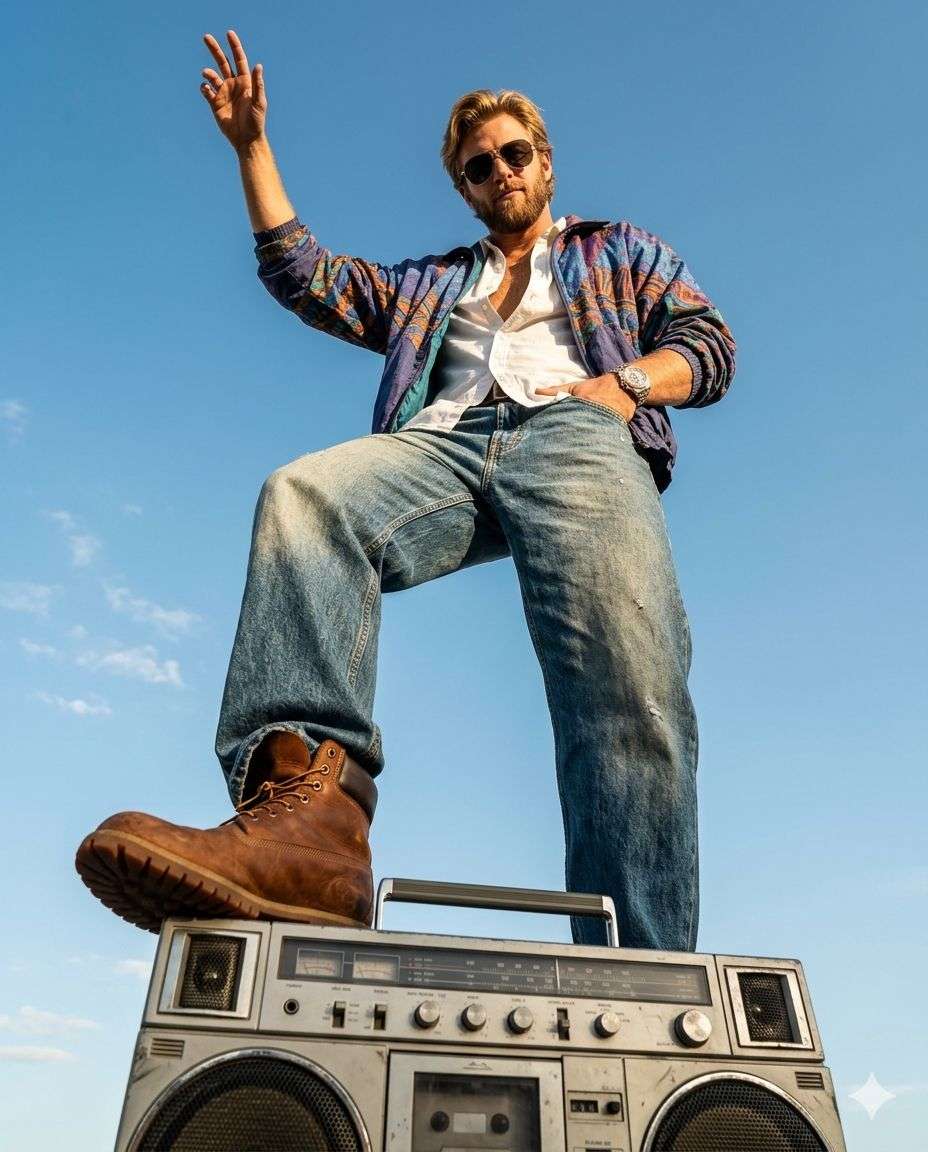Ultra-realistic low-angle cinematic fashion photograph of a confident rugged man attached in the uploaded reference image ( Keep the face of the person 100% accurate from the reference image ) standing on top of a vintage boombox. Shot from ground level with extreme perspective, making the boots appear large and dominant in the foreground. He wears wide-leg faded blue jeans, brown leather work boots, and a colorful patterned retro jacket over a partially open shirt. He wears dark aviator sunglasses and a luxury wristwatch. His pose is bold and expressive, one hand raised in a casual gesture, projecting confidence and attitude. Background is a clear blue sky with minimal clouds, creating a clean, vibrant contrast. Strong natural sunlight with sharp shadows enhances texture and depth. The boombox is detailed, slightly worn, with visible speakers and controls, adding a vintage street-style aesthetic. Editorial street fashion style, ultra-detailed, 8k, sharp focus, dramatic perspective, high contrast, warm tones, cinematic composition. Use a handsome tall white guy with a golden hair aspect ratio 4:5