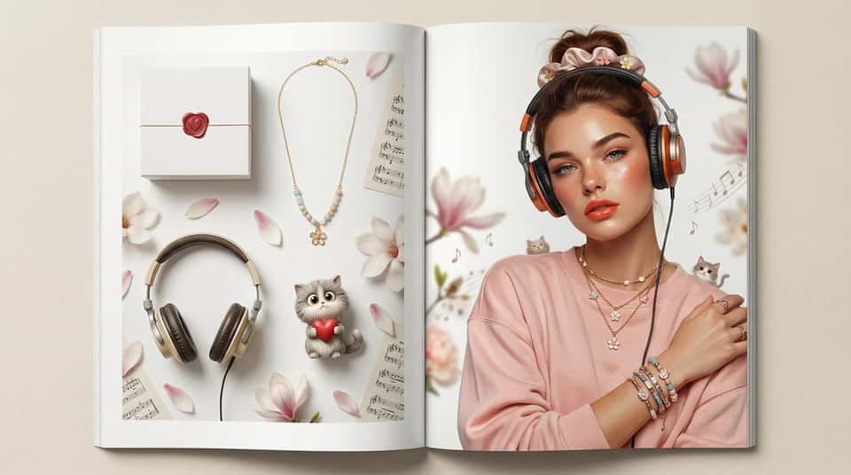 Photorealistic open magazine spread on white editorial paper with subtle warm grain, high-fashion studio lighting, crisp shadows. Left page features ultra-sharp macro grid: minimalist gift box with [ACCESSORY TYPE] necklace, soft [COLOR PALETTE] beads in neat composition, [ACCENT OBJECT 1], small [DECORATIVE FIGURINE], scattered [DECORATIVE ELEMENTS], [THEME] seal detail. Right page: dramatic clean editorial portrait of the subject wearing [MAIN ACCESSORY], styled in a loose [COLOR/STYLE] sweatshirt, layered [THEME]-charm necklaces, playful stacked bracelets, glossy lip tint, dewy skin, subtle [BLUSH COLOR] flush, [HAIR ACCESSORY]. Confident fashion-forward pose surrounded by [SURROUNDING ELEMENTS], high-end runway meets [AESTHETIC STYLE]. White seamless background throughout, premium finish, modern [OCCASION] energy with [MOTIF 1] and [MOTIF 2] subtly woven in. Make sure the subject from the reference image appears in the final image. Do not introduce new subjects.