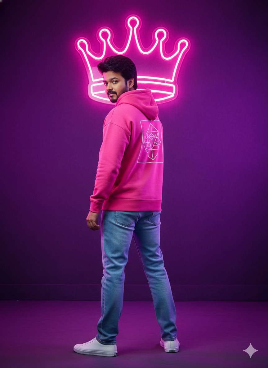 Using image_0 as the exact facial and body reference, create a rear-view cinematic portrait of the same person standing and looking back over the shoulder. Keep the appearance intentionally gender-neutral while preserving the person’s likeness, proportions, hairstyle, and posture from the uploaded image. The subject stands in front of a large glowing pink neon crown sign mounted on a deep purple wall. Outfit: oversized bright pink hoodie with a minimal graphic print on the back, light blue straight-fit jeans, and clean white sneakers. Style: vaporwave aesthetic with rich pink and purple ambient neon lighting, futuristic streetwear vibe, cinematic mood, ultra-detailed textures, sharp focus, 8K resolution, HDR.