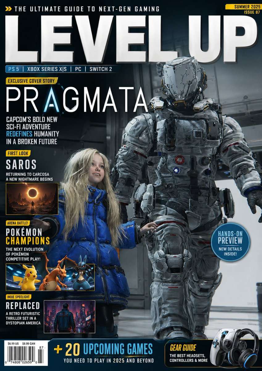 Create a Video Game magazine cover. The main cover is Pragmata. Add other subjects like Saros, Pokemon Champions, Replaced to the cover. The name of the Magazine is Level Up