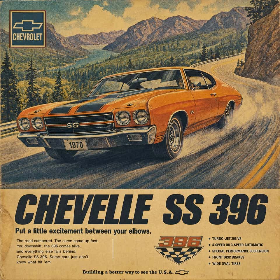 Vintage 1970s automotive magazine advertisement poster for [BRAND], featuring a [COLOR] [CAR] drifting through [SCENERY], low front three-quarter angle, dramatic motion streaks, hand-painted gouache and airbrush texture, warm faded print grain, bold illustrated shadows, chrome highlights, winding road perspective, small square brand badge in the upper left reading “[BRAND]”, cream text panel at the bottom with bold black title “[TITLE]” and short headline “[HEADLINE]”, muted retro palette of [PALETTE], aged paper texture, halftone print dots, slightly imperfect registration, no modern cars, no photorealism, no 3D render, --ar 4:5