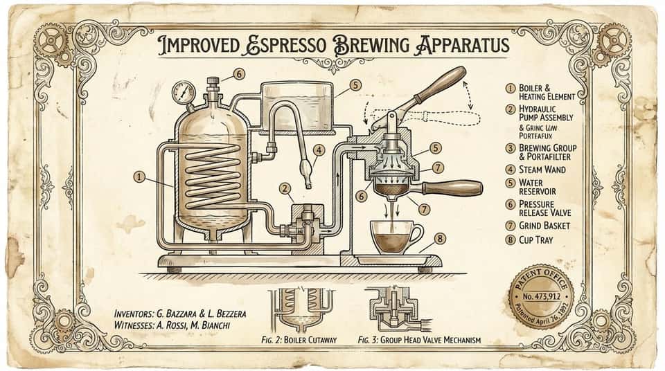 Create a vintage patent-style technical illustration of [OBJECT] on aged cream parchment paper. Black ink linework with sepia accents, hand-lettered labels, cross-section views, numbered component callouts, official patent border frame with fake patent number and date. Style of 1890s mechanical engineering drawings. Elegant, authoritative, museum-worthy.