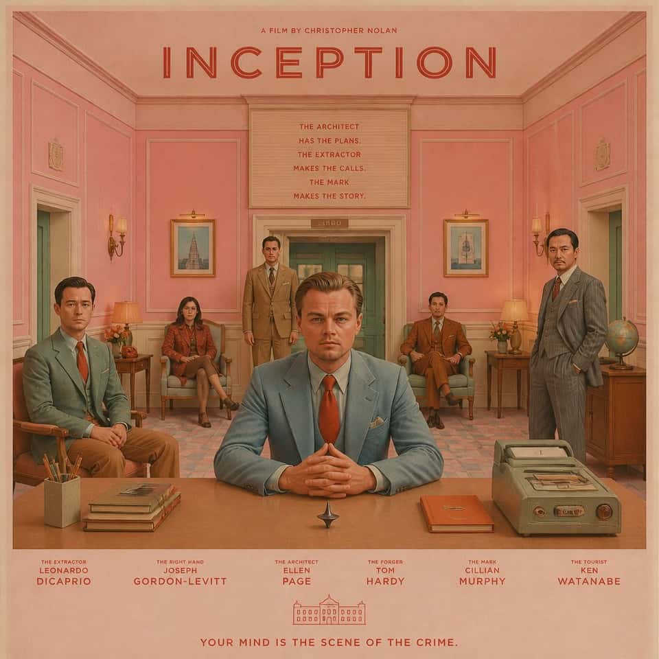 Reimagine [MOVIE NAME] as a Wes Anderson feature film while preserving its iconic characters, atmosphere, locations and story essence. Transform every character, environment, costume and prop into the visual language of Wes Anderson. Cinematic composition, highly detailed environment, emotionally expressive characters, premium production quality, dramatic lighting, movie poster aesthetic, masterpiece, ultra detailed, official promotional artwork.
