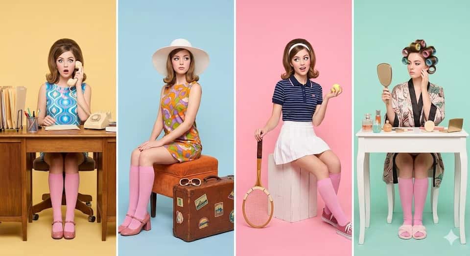 Retro studio photography featuring the same woman in four distinct character roles, laid out side by side in a horizontal panel grid. Each panel has its own bold pastel backdrop (yellow, blue, pink, mint). She's styled in 1960s vintage fashion throughout, colorful prints, pink knee-high socks, and bold makeup. Left panel (Office): Seated at a desk surrounded by props, a rotary telephone, file folders, stationery. Patterned dress, expression of surprise while on the phone. Second panel (Travel): Wide-brimmed hat, vibrant ensemble, posed with a vintage suitcase and travel accessories, elegant posture. Third panel (Sports): Retro athletic outfit, holding a tennis racket and ball with laid-back playful energy. Right panel (Home): Wearing a robe with rollers in her hair, holding a hand mirror at a vanity table with beauty products arranged around her. Panels are neatly divided with symmetrical framing and consistent lighting and camera angle throughout. Soft bright studio light, high-end fashion editorial aesthetic, razor-sharp detail, vivid saturated colors, near-shadowless, no text, no logos, no watermarks. Style: pop art nostalgia, Wes Anderson symmetry, fashion editorial photography, pastel color blocking, high resolution, 8K, clean composition.