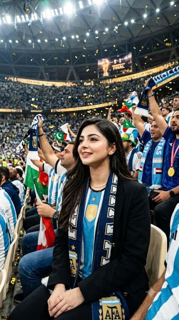 Use my uploaded photo as the exact facial reference. Preserve my facial features, identity, eye shape, nose, lips, skin tone, hairstyle, facial proportions, and overall face exactly. Do not alter my face under any circumstances. Create an ultra-realistic luxury FIFA World Cup spectator editorial in vertical 9:16. A candid telephoto photograph captures me sitting among thousands of passionate supporters inside a magnificent FIFA World Cup Final stadium. I am naturally focused on the match, not looking at the camera, smiling softly while reacting to an exciting moment on the pitch as if the photographer captured a genuine unscripted emotion. I wear a premium luxury football supporter outfit inspired by the colors of my favorite national team, elevated with high-fashion styling. An oversized supporter jersey layered with a designer jacket, relaxed premium denim, luxury sneakers, subtle gold jewelry, and a stylish team scarf draped naturally over my shoulders. My hair moves gently in the stadium breeze while my face remains perfectly sharp. Around me, thousands of fans wave flags, hold colorful scarves above their heads, celebrate together, and create an unforgettable championship atmosphere beneath dazzling floodlights. Golden confetti fills the air, giant LED screens illuminate the stadium, and cinematic lighting creates an emotional World Cup Final experience. Shot from the perspective of a professional sports photographer using a Canon EOS R3 with a 200mm telephoto lens. Beautiful background compression, shallow depth of field, authentic candid moment, premium sports editorial, luxury lifestyle photography, Vogue Sports aesthetic, natural skin texture, photorealistic, masterpiece, HDR, razor-sharp focus, award-winning photography, 8K. Negative Prompt: low quality, blurry, bad anatomy, extra fingers, distorted face, cartoon, anime, CGI, illustration, watermark, logo, text, cropped, oversaturated, artifacts.