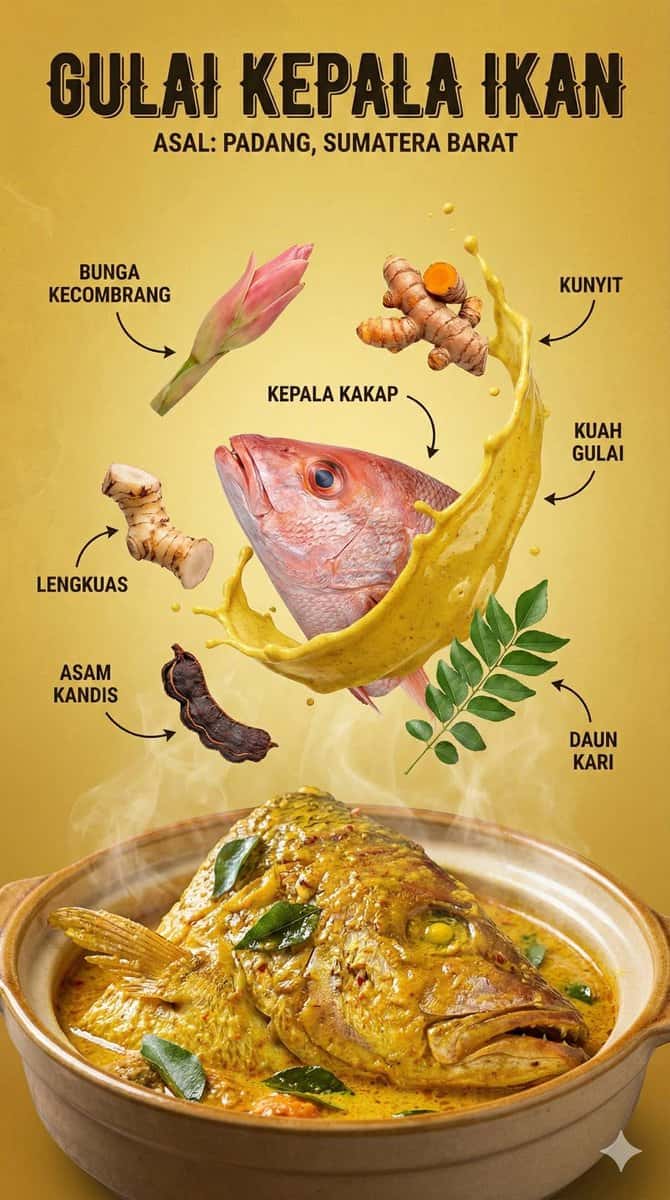 Ultra-realistic Indonesian traditional food infographic poster, 8K DSLR quality. Vertical editorial layout with a dramatic but clean background. Modern culinary infographic design: - Bold headline at top showing dish name and origin (ASAL) - Clean Indonesian typography with curved label arrows pointing to ingredients - Cinematic floating ingredients suspended in mid-air: glossy curry splash, fresh herbs, spices, steam rising from bowl - Hyper-detailed, glossy, appetizing textures - Rich golden studio lighting, professional high-end mood - Shallow depth of field, professional food photography style