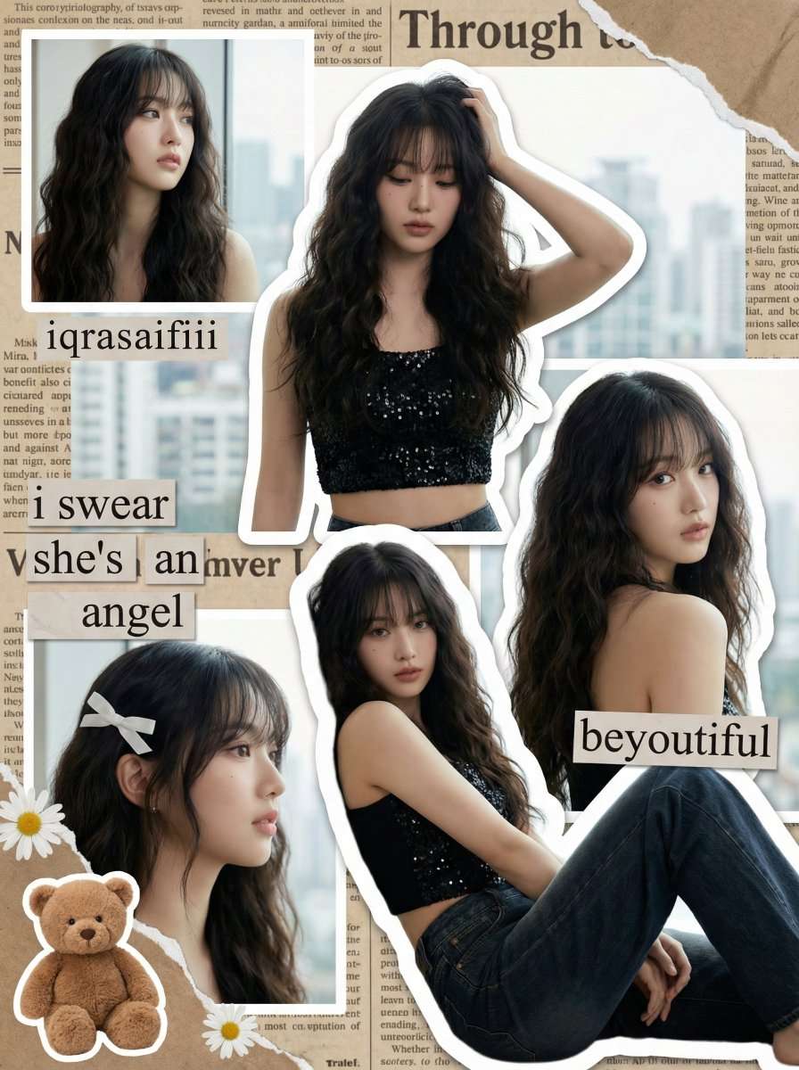 Digital Scrapbook / Fan-Edit Collage. Y2K, Coquette, K-pop Idol Fan Art. Multiple photographic cutouts of the same subject arranged in a chaotic but cohesive layout on top of a vintage textured background.