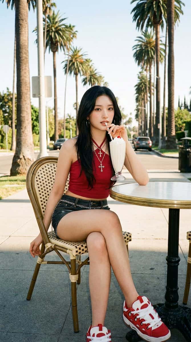 Ultra-realistic Y2K lifestyle portrait of a young woman with long copper-red hair styled in high twin ponytails with soft face-framing strands, sitting at an outdoor Parisian-style café on a sunny Los Angeles boulevard lined with tall palm trees. Warm ivory skin with visible pores, natural freckles across the cheeks and nose, realistic skin texture, subtle peach blush, soft matte complexion, glossy nude lips, and expressive blue-green eyes with delicate fox-eye eyeliner. Wearing a fitted vintage mustard-yellow off-the-shoulder baby tee with faded collegiate lettering, a low-rise light-wash denim mini skirt with delicate cream lace trim peeking underneath, a burgundy leather belt, silver hoop earrings, layered silver cross necklaces, mustard scrunched socks, and glossy burgundy Mary Jane heels. Sitting naturally on a woven bistro chair with legs crossed while holding a tall vanilla milkshake topped with whipped cream and a maraschino cherry in a classic diner glass, sipping through a striped paper straw. Bright California afternoon sunlight, Kodak Gold 200 color science, Portra-inspired skin tones, soft matte blacks, muted greens, realistic skin rendering, premium influencer photography, authentic candid lifestyle aesthetic, shallow depth of field, luxury travel editorial, photorealistic, ultra detailed, DSLR-quality realism, RAW photo, 8K.