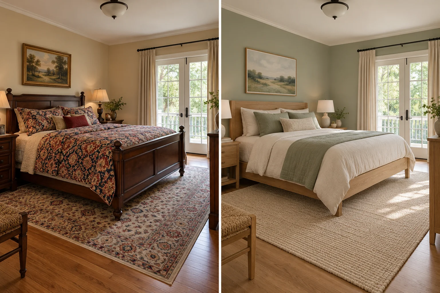 AI concept comparison of a traditional bedroom and a calmer contemporary furnishing style