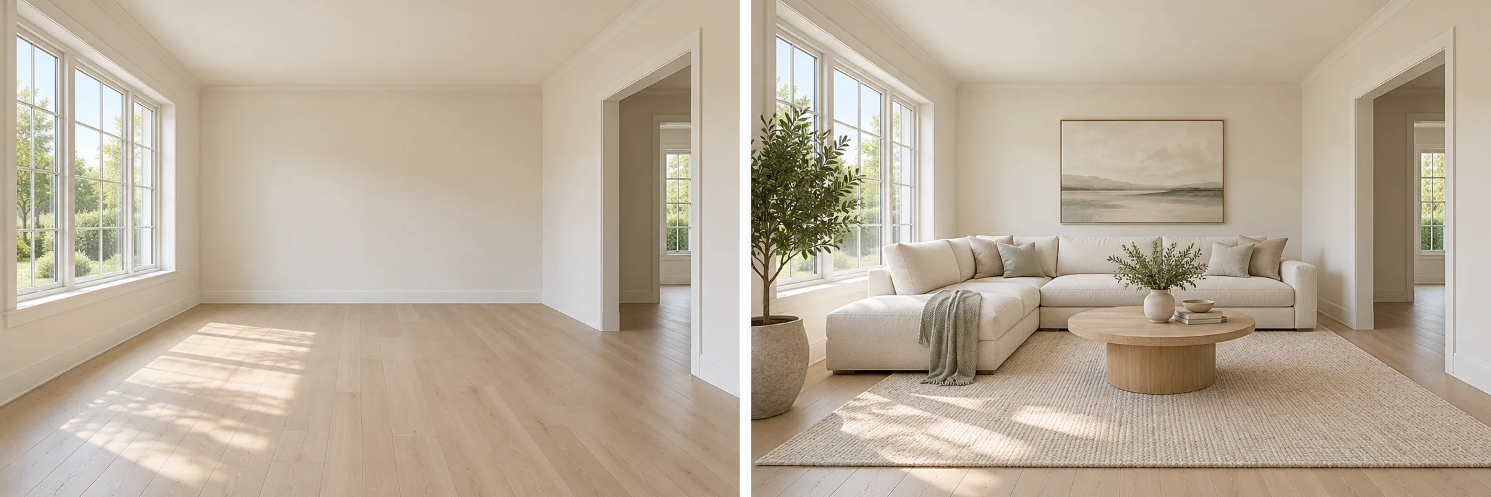 Concept comparison of an empty living room and a proposed neutral furnishing arrangement
